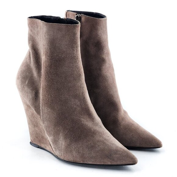 BARBARA BUI Taupe Brown Suede Pointed Toe Wedge Booties Ankle Boots - Picture 1 of 11